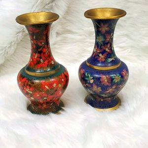 Vintage Cloisonn Vases Set 2 Red Blue Robert Kuo's Chinese metal Enamel Floral